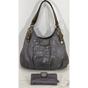 Coach Madison Maggie Shoulder Bag & Wallet Set Croc Embossed Leather Gray Hobo
